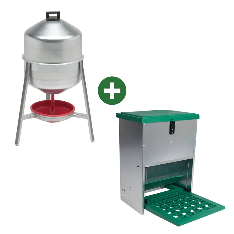 Abreuvoir métal galvanisé 30 L + Mangeoire à trémie anti nuisibles Feedomatic 20kg