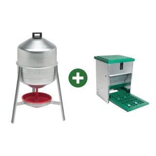Abreuvoir métal galvanisé 30 L + Mangeoire à trémie anti nuisibles Feedomatic 5kg