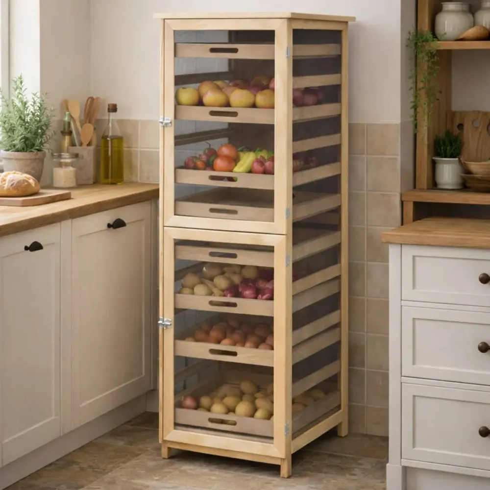 Garde-manger en hêtre, 6 tiroirs, 150 cm