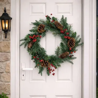 Couronne de Noël 45cm avec pommes de pin et baies rouges