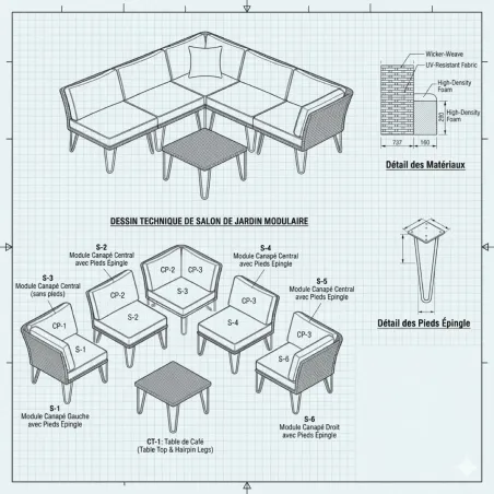 Ensemble Family - Canapé d'angle modulable 3 places + table basse en acier et polyester