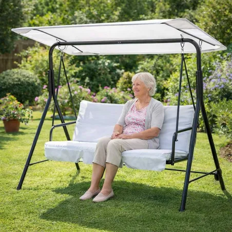 Balancelle d'extérieur 3 places noire et blanche avec toit ajustable