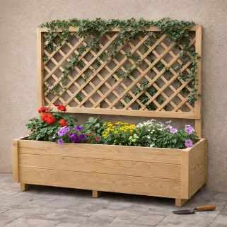 Carré potager ou jardinière rectangulaire avec treillis