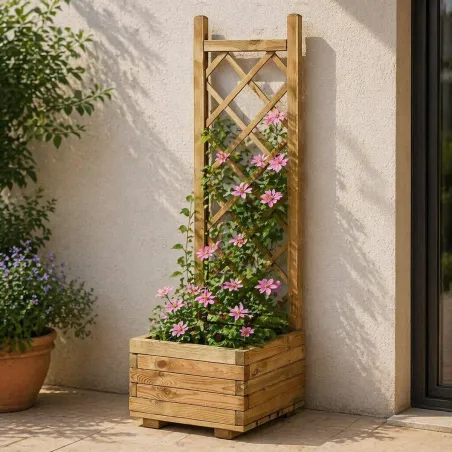 Bac à fleurs en bois avec treillis 40x31x140cm