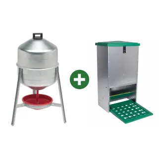 Abreuvoir métal galvanisé 30 L + Mangeoire à trémie anti nuisibles Feedomatic 12kg