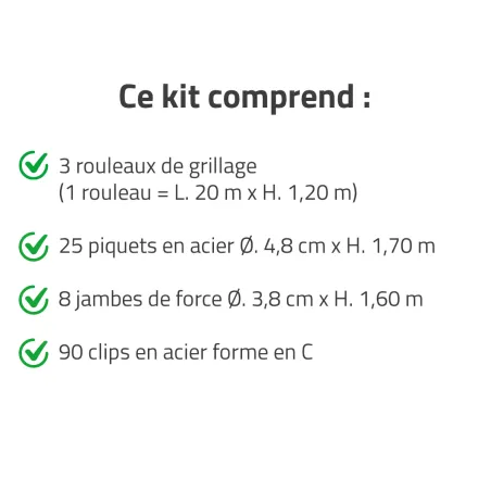 Kit clôture grillagée 60 x 1,20 m - Maille 100x50mm - Fil 2,1mm