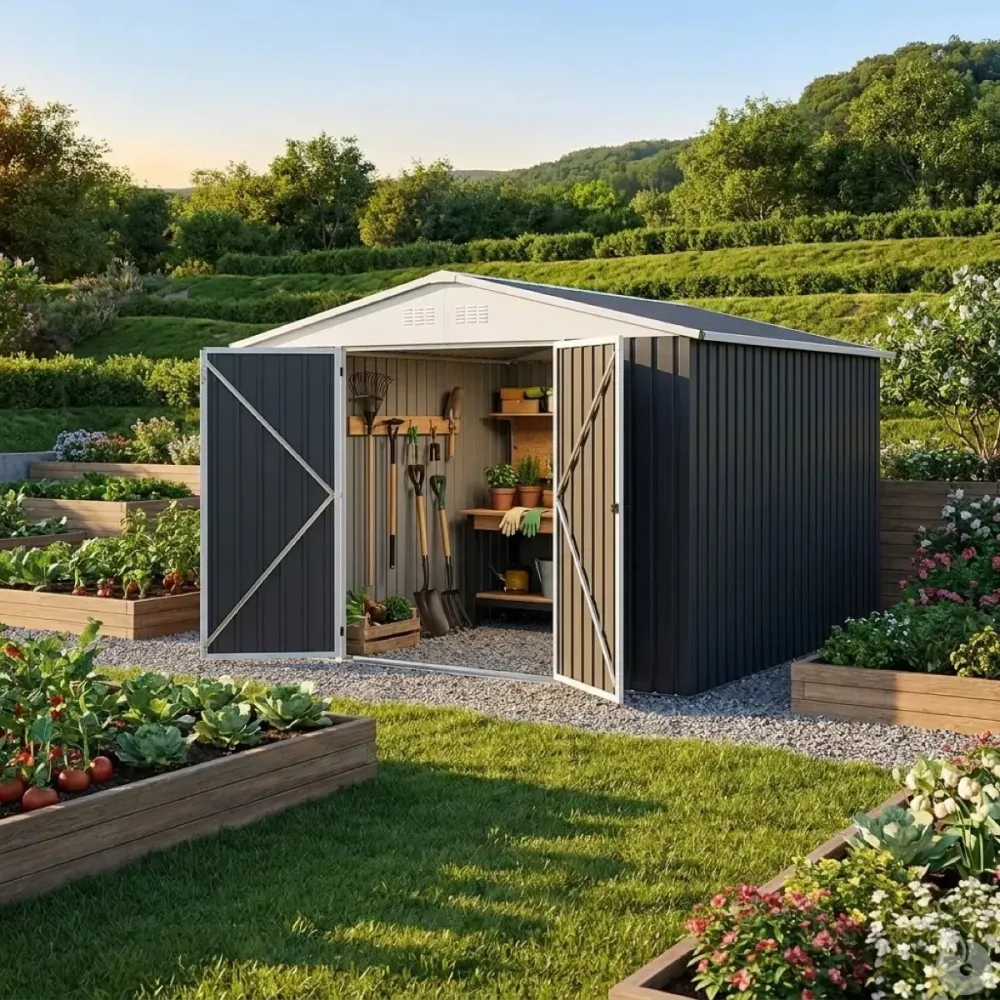 Abri de jardin Escaut en acier, modèle à deux portes de 322 × 383 × 208,5 cm