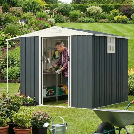 Abri de jardin en acier Argence avec carport - 2 portes coulissantes - Hauteur 160 cm