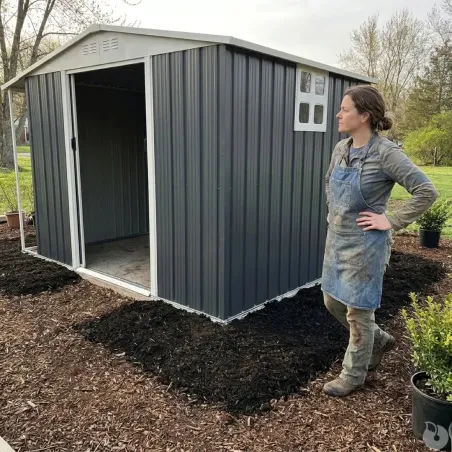 Abri de jardin en acier Argence avec carport - 2 portes coulissantes - Hauteur 160 cm