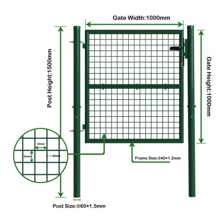 Portillon grillagé 1x1m maille 50mm vert avec serrure et poignées