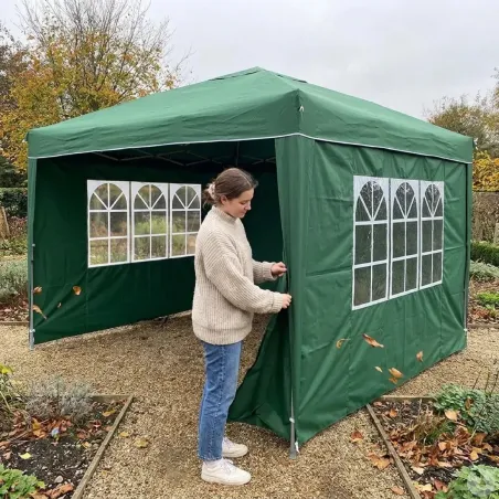 Tonnelle pliante 3x3 m en acier vert avec parois latérales