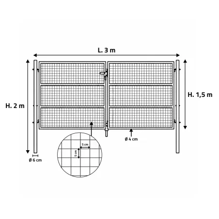 Portail 2 vantaux grillagé 3x1,5m - Maille 50mm - Vert