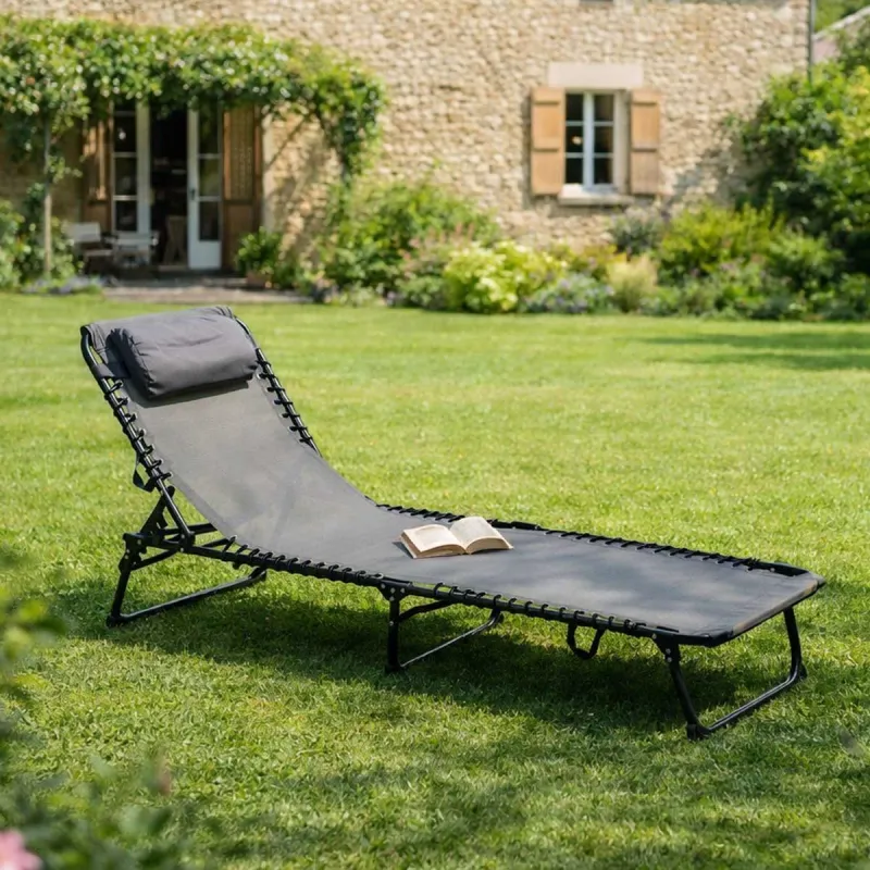 Bain de soleil pliant en acier noir - Confort et résistance