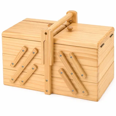 Boîte couture bois pin 3 couches 5 sections séparateur extensible 30x18x19cm