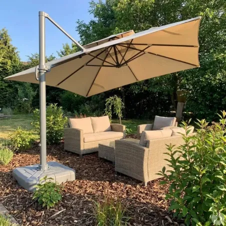 Parasol carré déporté pivotant alu toile 220 g/m² beige 3 X 3 M pied inclus