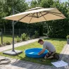 Parasol carré déporté pivotant alu toile 220 g/m² beige 3 X 3 M pied inclus