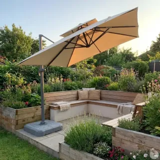 Parasol carré déporté pivotant alu toile 220 g/m² beige 3 X 3 M pied inclus