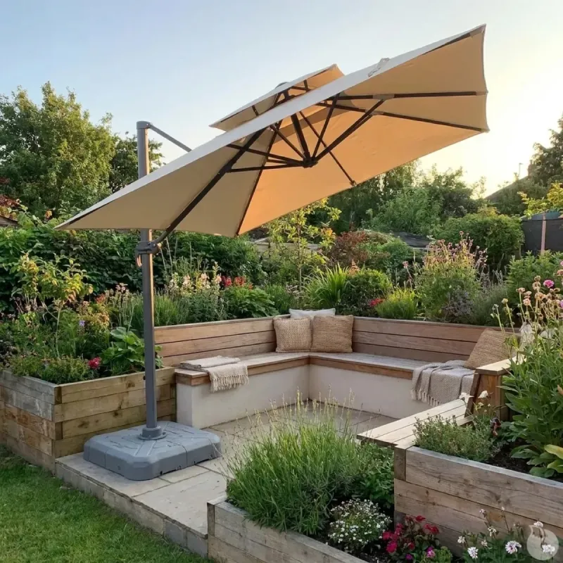 Parasol carré déporté pivotant alu toile 220 g/m² beige 3 X 3 M pied inclus